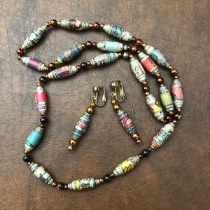 Vintaged paper bead necklace and earrings